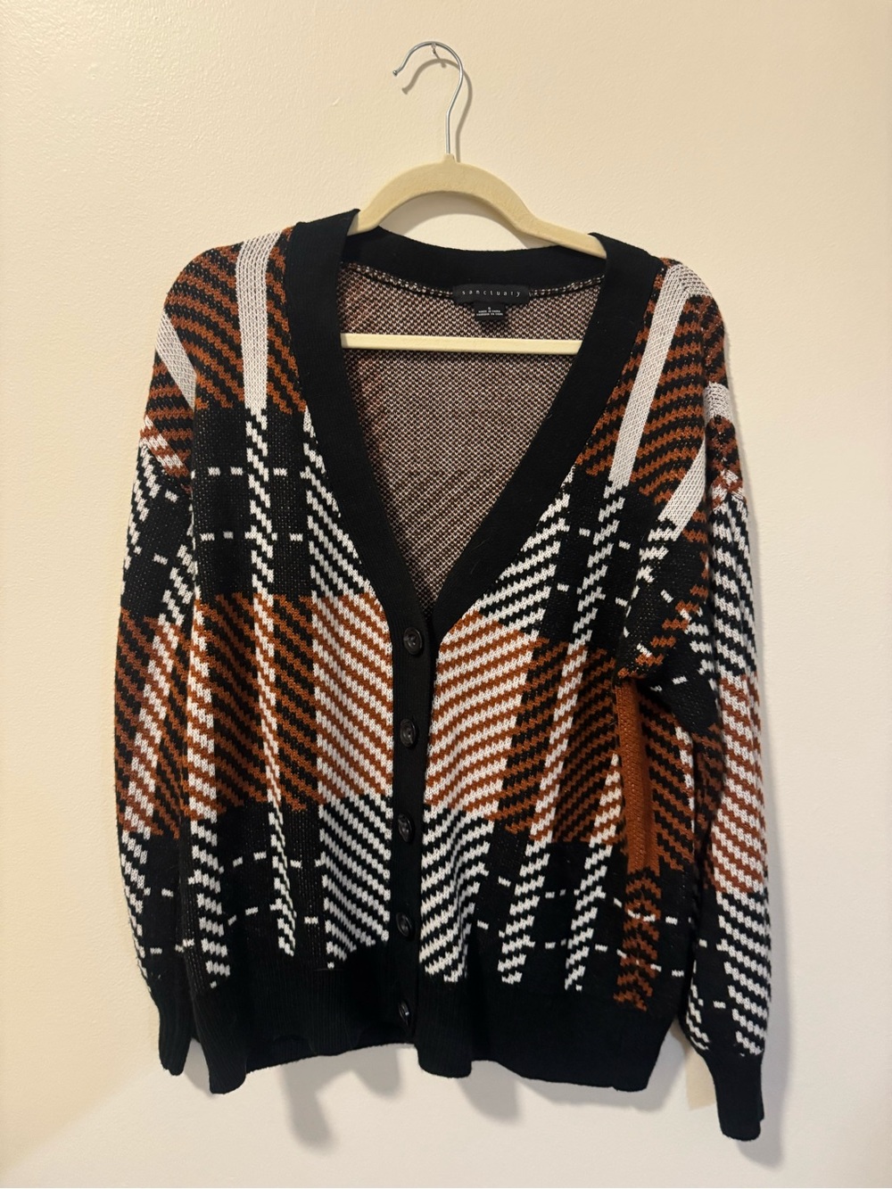 Sanctuary Black, Brown & White Plaid V-Neck Cardigan